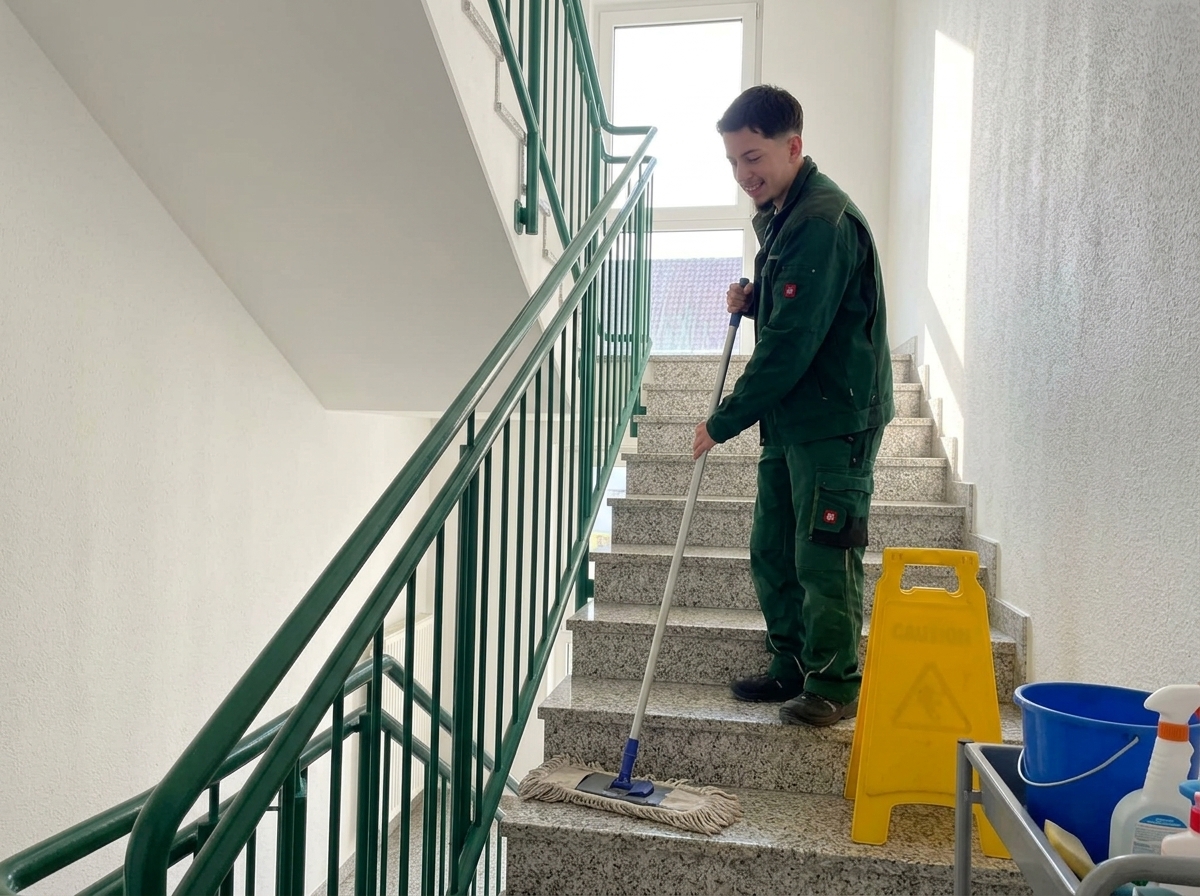 Hausmeister bei der Treppenhausreinigung in einem Mehrfamilienhaus in Herten