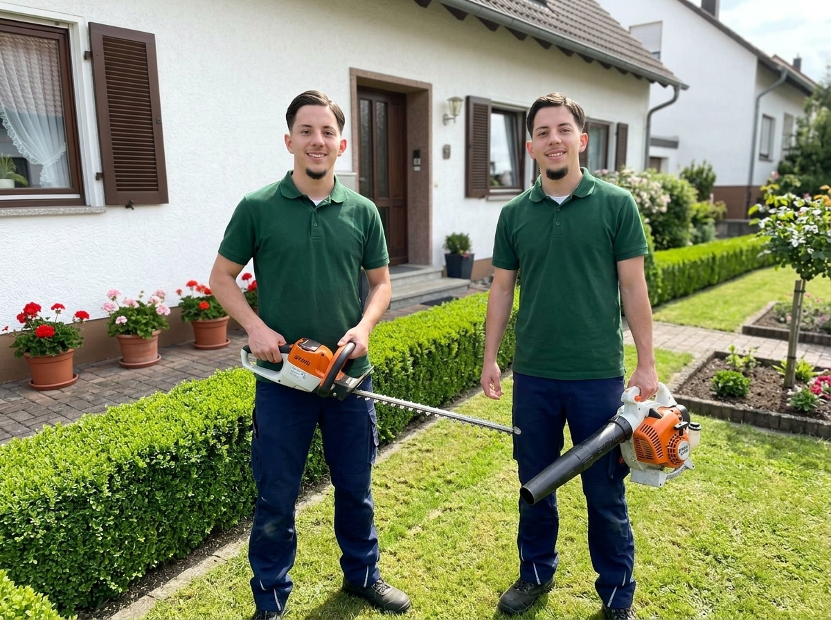 Zwei Brüder vom ZWILLINGSWERK-Team in grüner Arbeitskleidung bei der Gartenarbeit in Herten